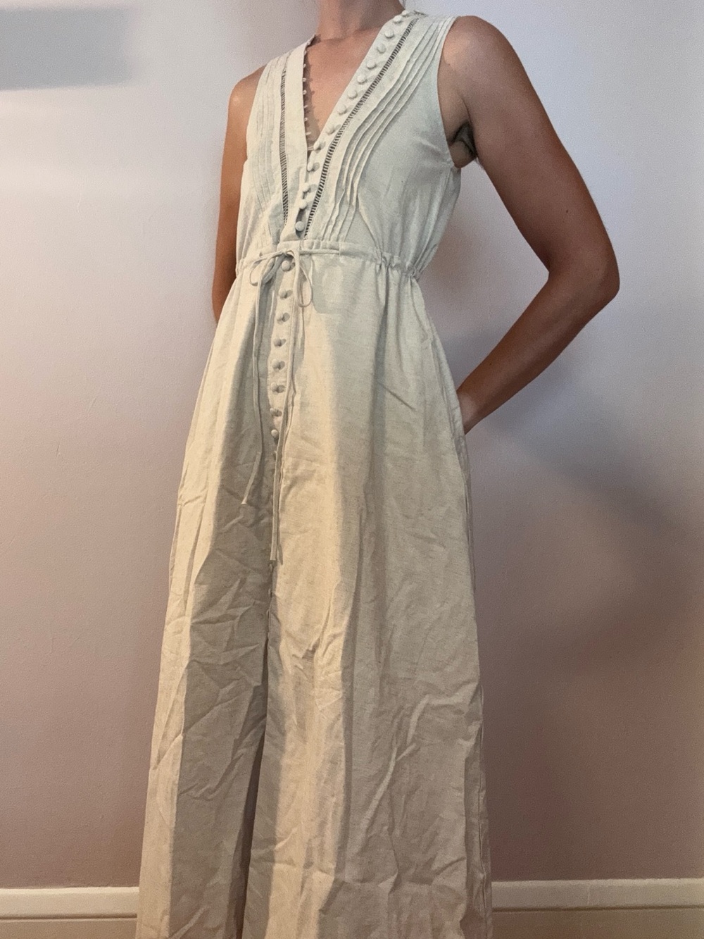 Unique Sleeveless V-Neck Oatmeal Linen Maxi Dress with Button Front